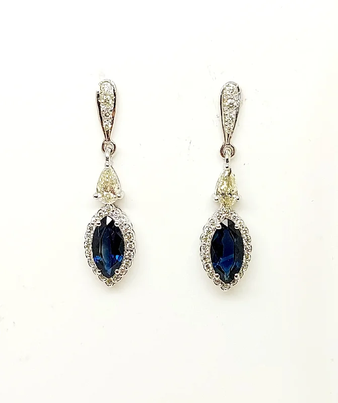 women's earrings with geometric studs -Blue Sapphire and Diamond Halo Drop Earrings in 14k White Gold