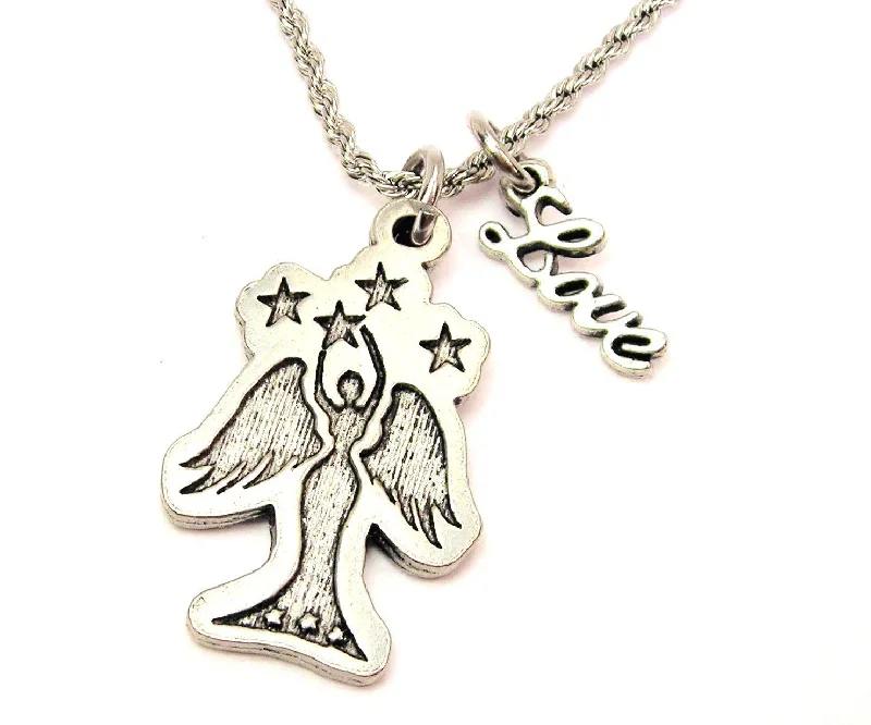 women's necklaces delicate chain link -Angel With Stars 20" Chain Necklace With Cursive Love Accent