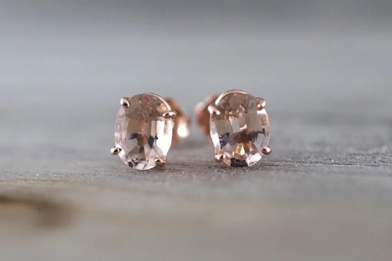 women's earrings with heart-shaped gemstone -14k Solid Rose Gold Oval Cut Pink Peach Morganite Earring Studs Post Push Back Square Gemstone Earrings Dainty Design