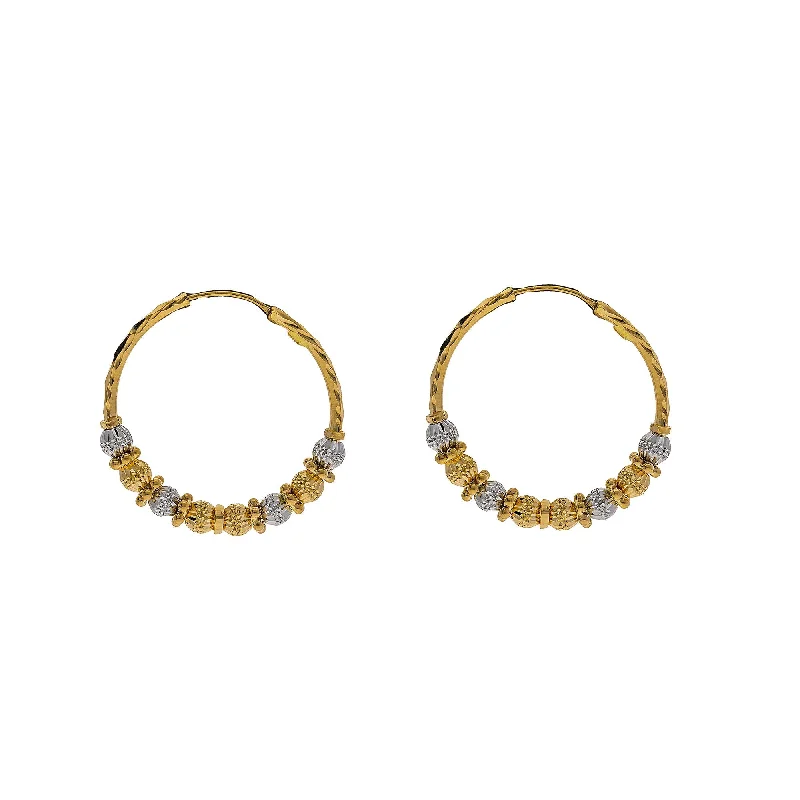 women's earrings stud -22K Multi Tone Gold Hoop Earrings W/ Gold Chiseled Bicone Beads