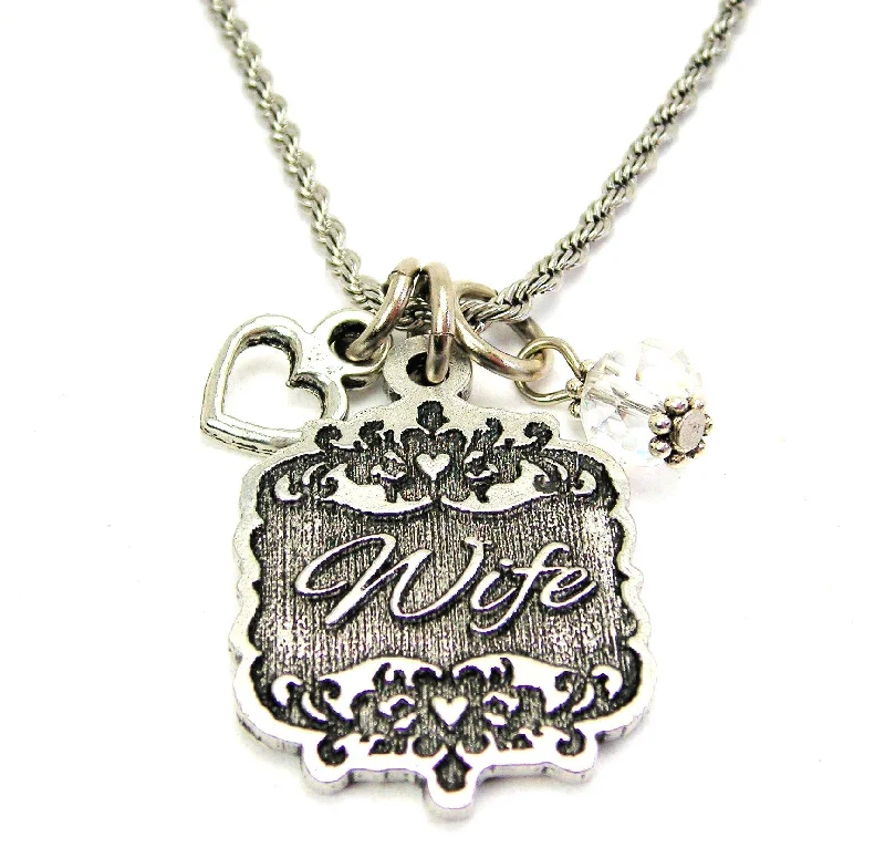 women's necklaces with horseshoe design -Wife Victorian Scroll With With Open Heart And Crystal 20" Stainless Steel Rope Necklace