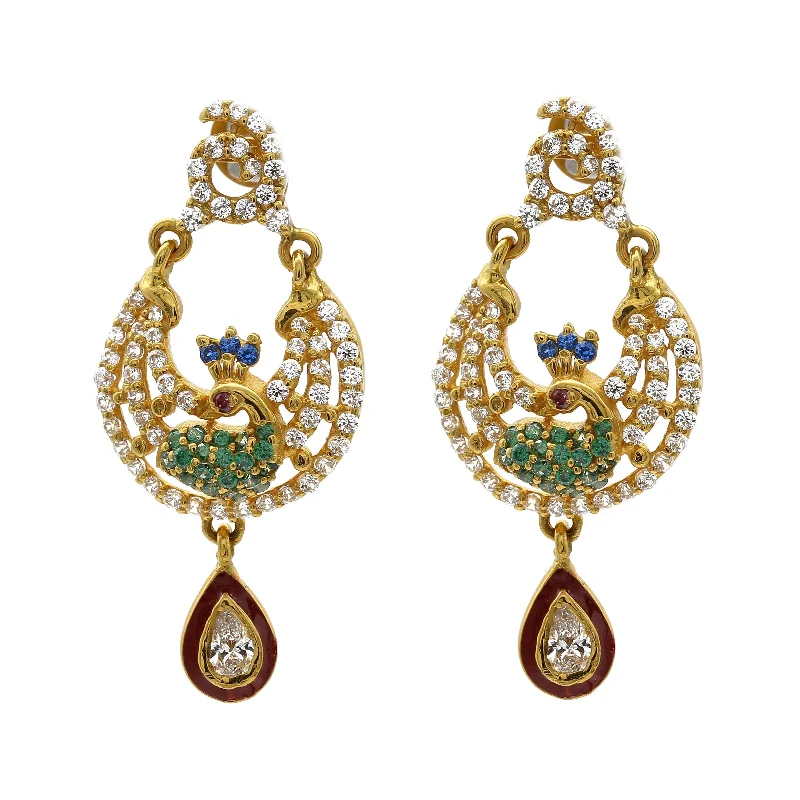 women's earrings with butterfly charm -22K Yellow Gold Peacock Drop Earrings W/ Emeralds, Rubies, & Cubic Zirconia