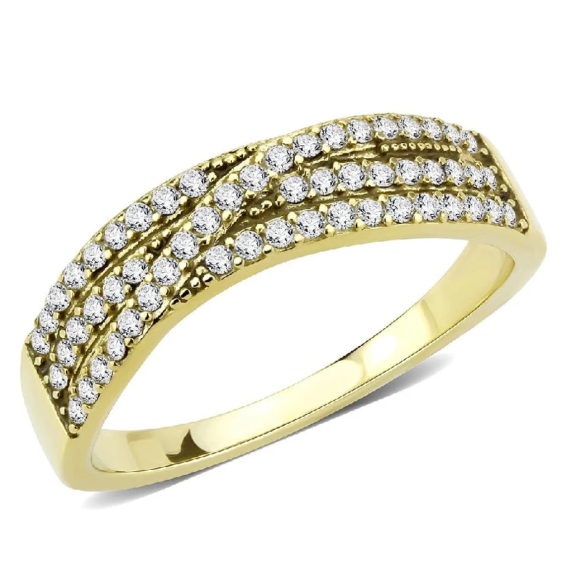 women's rings statement gemstone -AAA Grade Clear CZ on Three Row Gold IP Stainless Steel Womens Eternity Pave Band