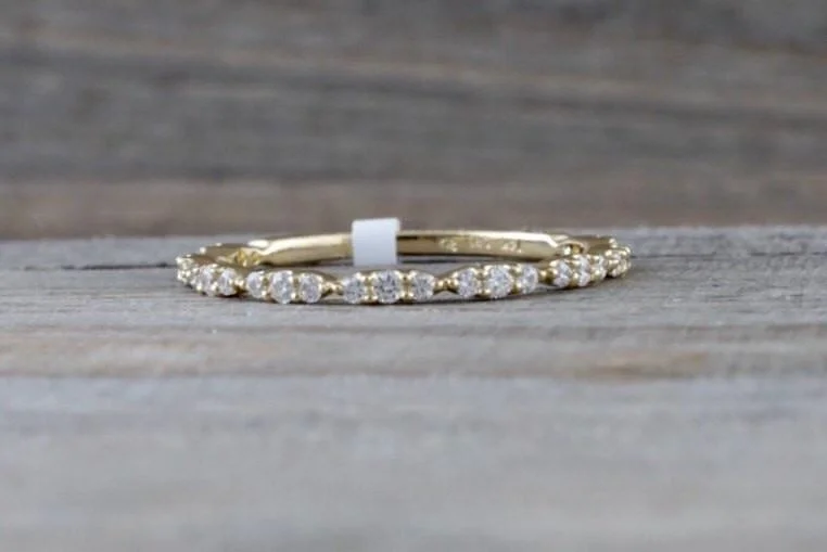 engagement rings solitaire -14k Yellow Gold Dainty Diamond 3/4 Eternity Band Wedding Anniversary Love Ring Band Vintage Thin