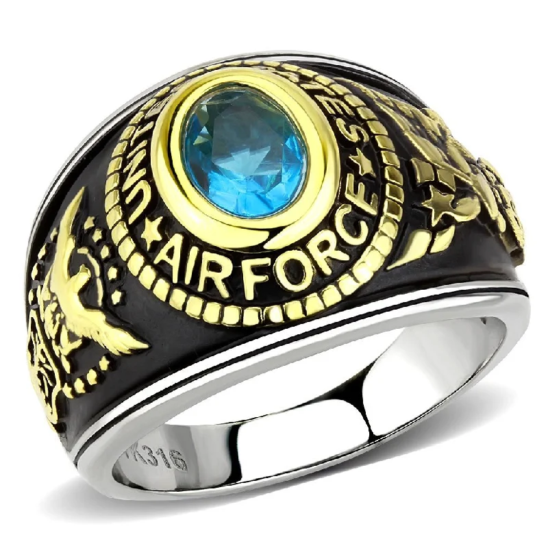 women's rings floral design -Women's 316 Stainless Steel Two Tone Gold Air Force Military Blue Topaz CZ Ring