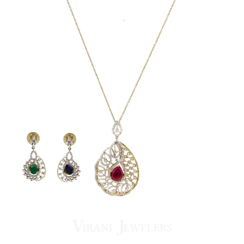 women's earrings long drop -2.18CT Oval Diamond Pendant & Earrings Set in 18K Yellow W/Changeable Centered Pendant