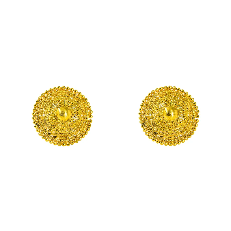 women's earrings with celestial theme -22K Yellow Gold Stud Earrings W/ Handcrafted Beaded Circle Shield Frame