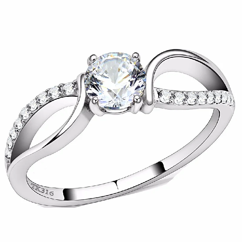 women's rings with diamond border -5x5mm Round Cut Clear CZ Center Set in Stainless Steel Delicate Ring