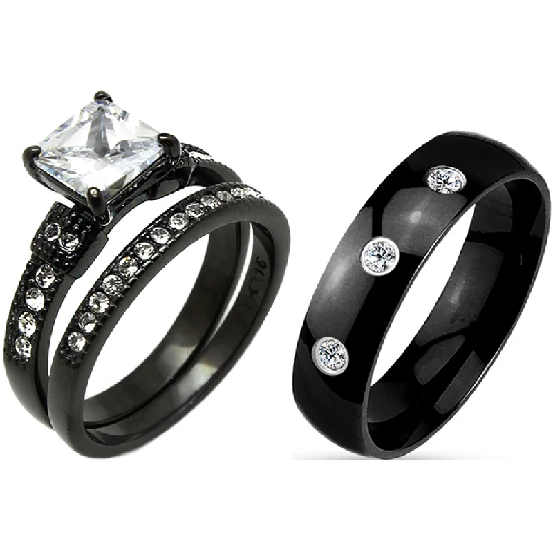 engagement rings for modern brides -3 PCS Couple Princess Cut CZ Black IP Stainless Steel CZ Wedding Set Mens Band with 3 CZs