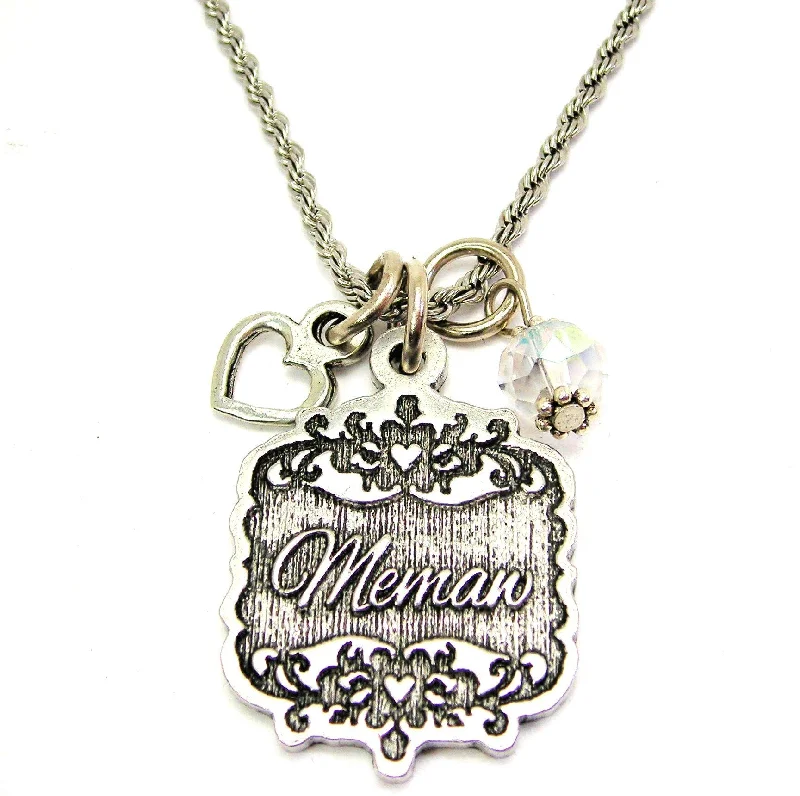 women's necklaces with ruby pendant -Memaw Victorian Scroll With Open Heart And Crystal 20" Stainless Steel Rope Necklace