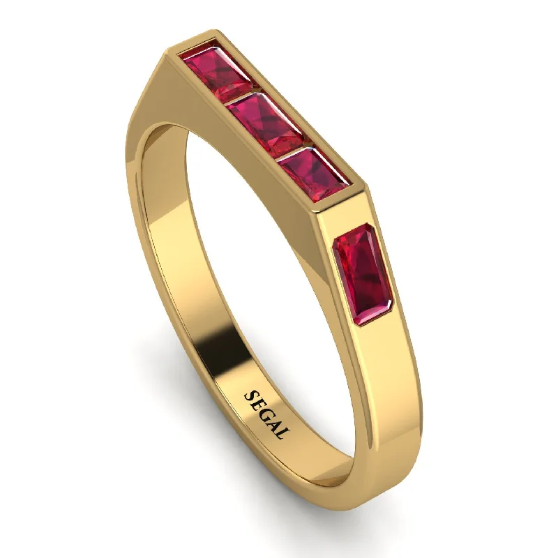 women's rings with intricate patterns -Emerald Cut Thin Ruby Signature Ring - Sara No. 55