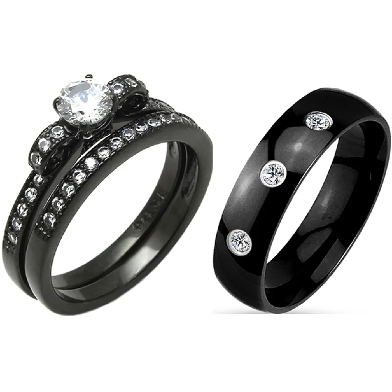 engagement rings with round-cut diamonds -3 PCS Couple 5x5mm Round Cut CZ Black IP Stainless Steel Wedding Set Mens Band with 3 CZs