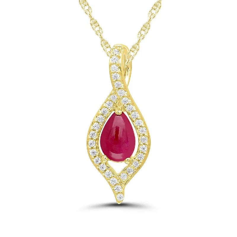 women's necklaces with large stone -YELLOW GOLD FASHION NECKLACE WITH PEAR SHAPED CABOCHON CUT RUBY CENTER AND ROUND DIAMONDS, .09 CT TW