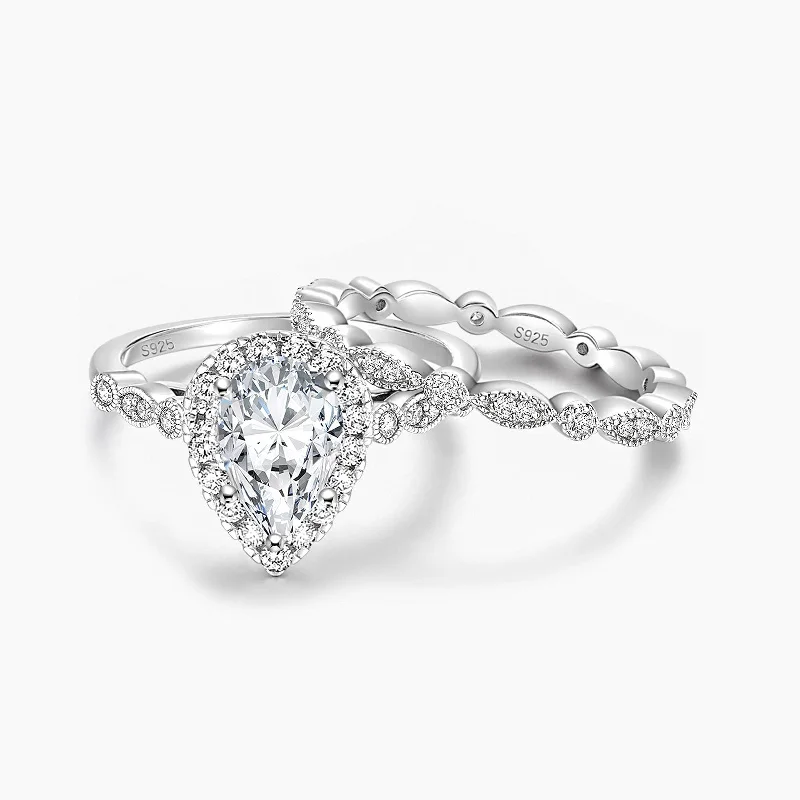 engagement rings with pave diamonds -1.5 Carat 925 Sterling Silver Wedding Teardrop Bridal Ring Set