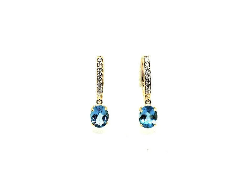 women's earrings with modern design -Oval Blue Topaz Diamond Hoop Drop Earring AD No. 1089