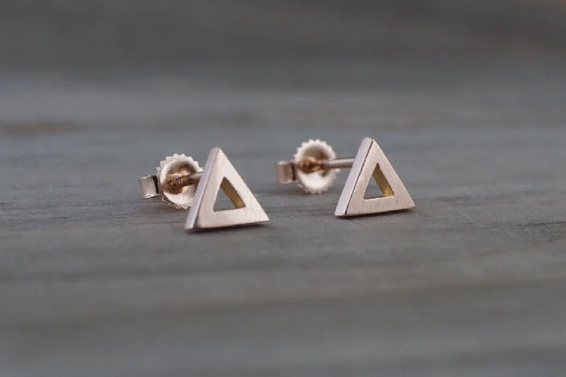 women's earrings with silver accent -14k Rose or Yellow Gold Pyramid Triangle Stud Earring Studs Open