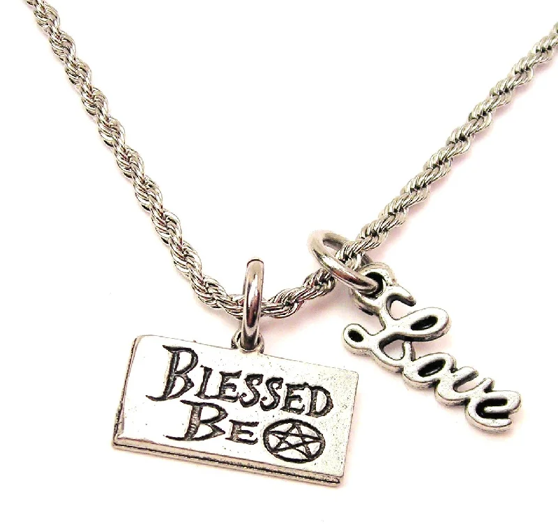 women's necklaces nameplate necklace -Blessed Be With Pentacle 20" Chain Necklace With Cursive Love Accent