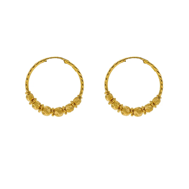 women's earrings chandelier -22K Yellow Gold Hoop Earrings W/ Swirl-Etched Gold Beads