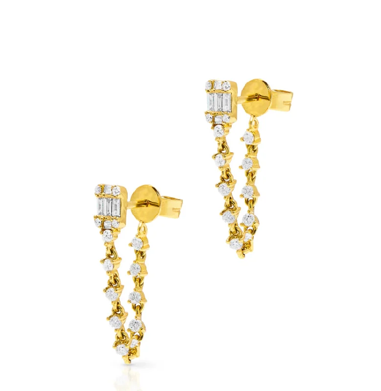 women's earrings with unique settings -14K Baguette Diamond Earrings with Front-to-Back Drop