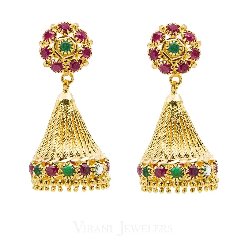 women's earrings luxury brand -22K Yellow Gold Emerald & Ruby Jhumki Drop Earrings