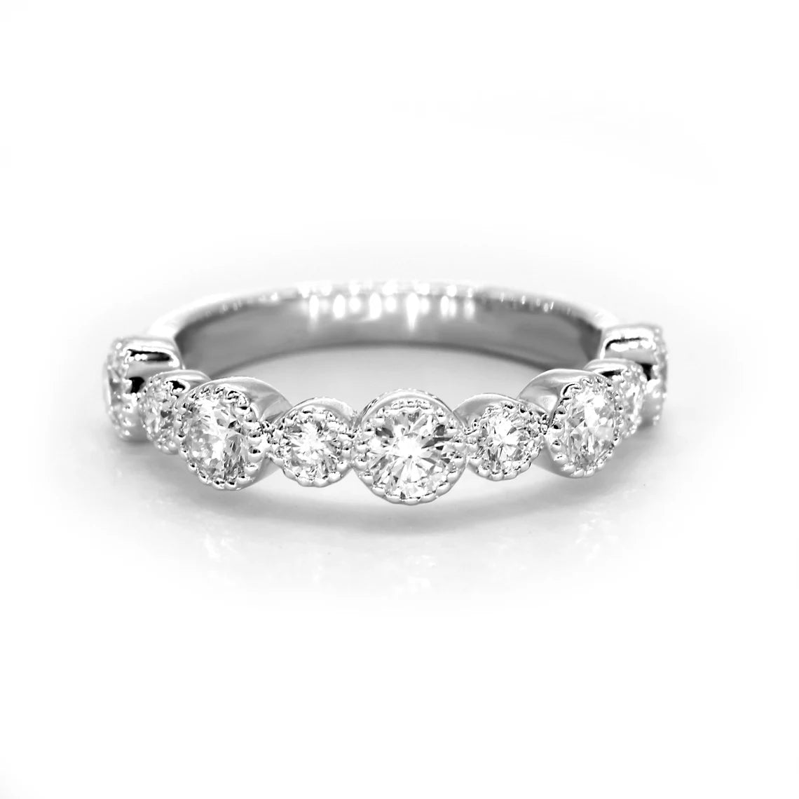 engagement rings with detailed engraving -0.85 ct. Round Diamond Wedding Stackable Band, Bezel Set Milgrain Accent Ring