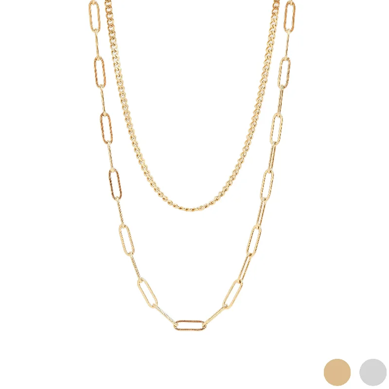 women's necklaces with hand-painted design -18K Gold PVD Stainless Steel Curb and Paperclip Layered Chain Necklace / CHN0013