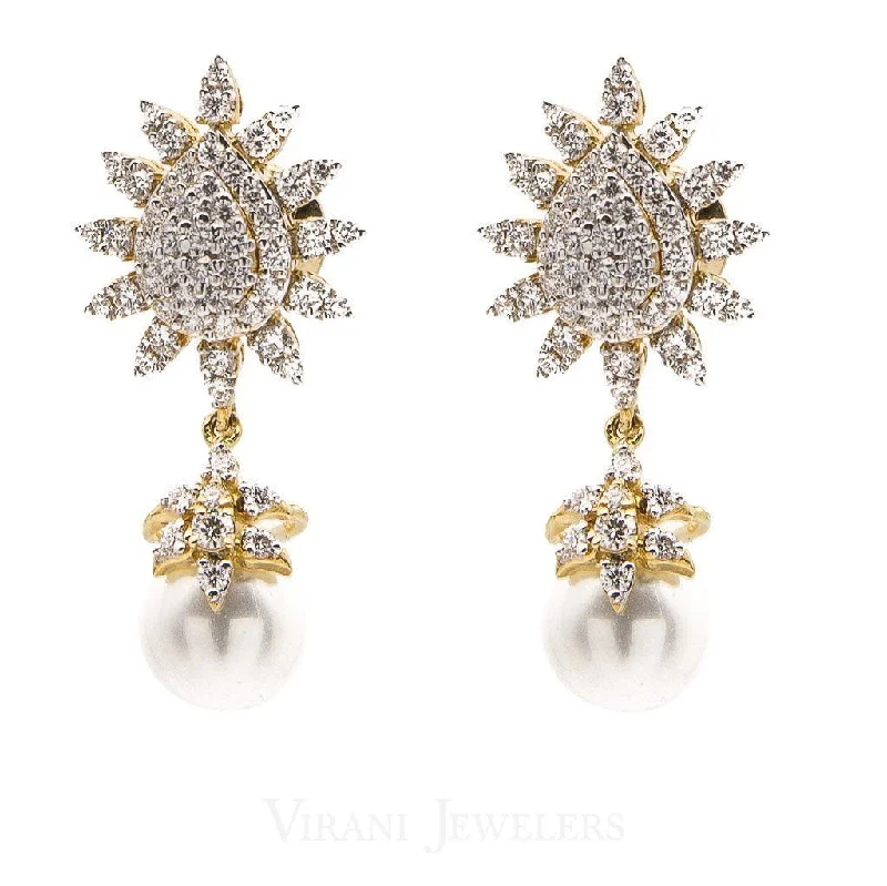 women's earrings vintage-inspired -1.59CT Diamond Drop Star Earrings Set In 18K White Gold W/ Pearl Drops