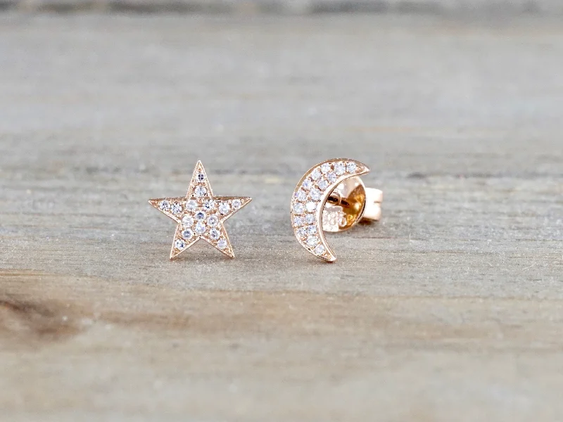 women's earrings with gemstone drop -Moon and Star Micro Pave Diamond Stud Earrings