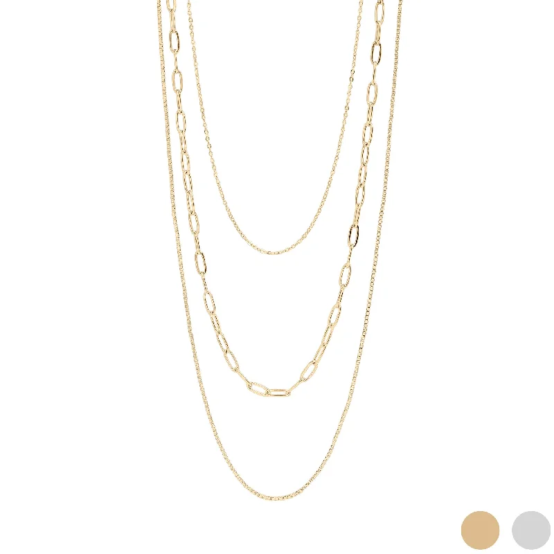 women's necklaces for layering sets -18K Gold PVD Stainless Steel Loop, Box, and Paperclip Layered Chain Necklace / CHN0015