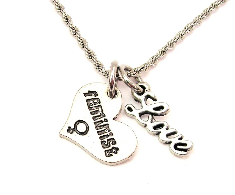 women's necklaces delicate -Feminist 20" Chain Necklace With Cursive Love Accent