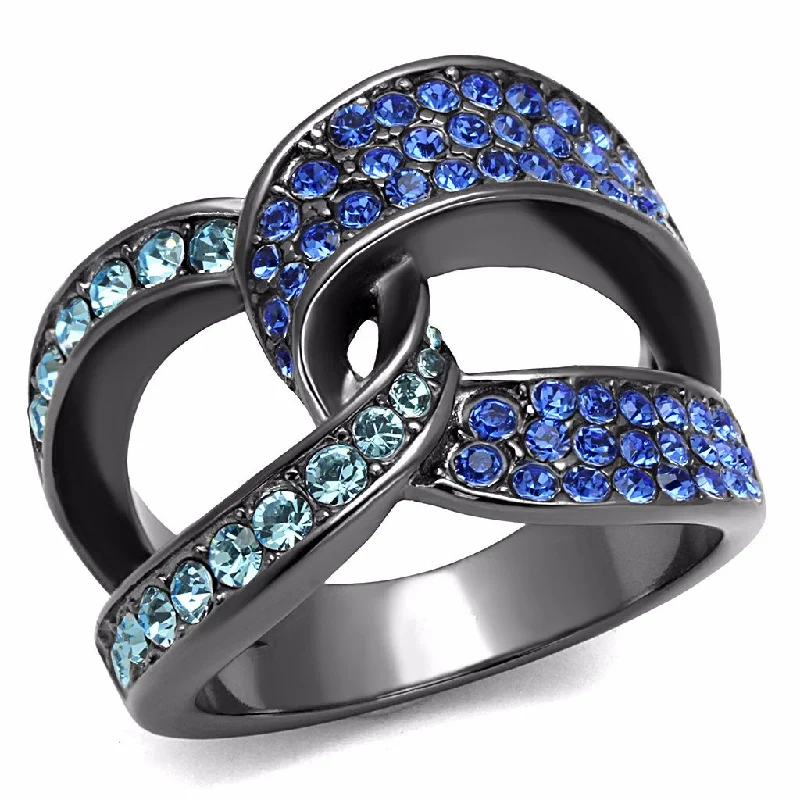 women's rings heart-shaped -Sky Blue and Admiral Blue CZs set in IP Light Black Stainless Steel Band