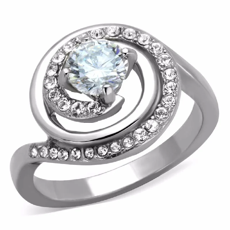 women's rings with birthstone -Women's 6x6mm Round CZ Center Swirl Shape Stainless Steel Ring