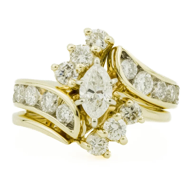 engagement rings with floral-inspired stones -0.33ctw Marquise Diamond and Round Accented Diamond Wedding Set in 14K Yellow Gold - Size 4.25