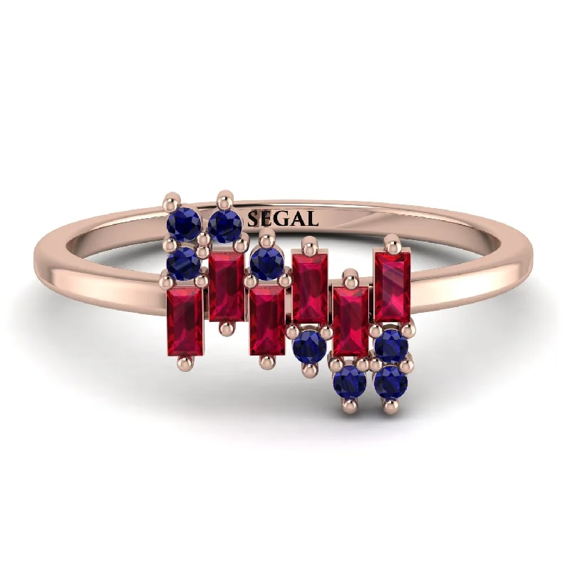 women's rings with emerald-cut diamond -Baguette And Round Ruby Band - Daniela No. 71