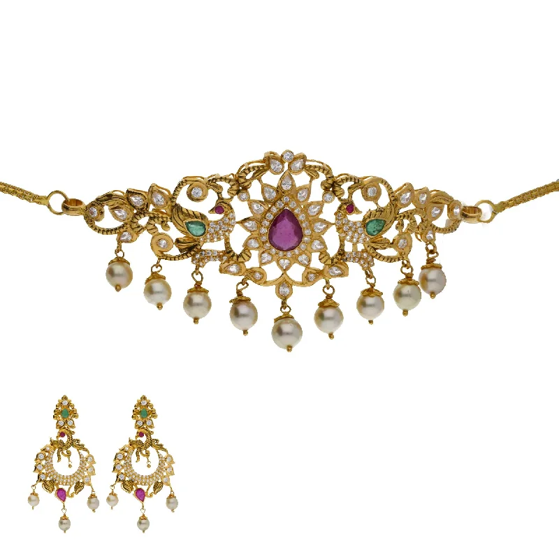 women's earrings for prom -22K Yellow Antique Gold 2-in-1 Choker/Vanki & Chandbali Earrings Set W/ Emerald, Ruby, CZ, Pearls & Open Starburst Design