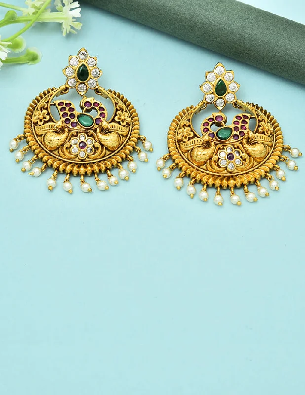 women's earrings with pearl drop -Designer Peacock Kempu Chandbali Earrings