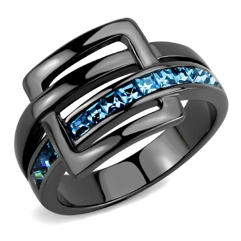 women's rings with large center stone -3x3mm Princess Cut Sea Blue Topaz CZ Light Black IP Stainless Steel Band