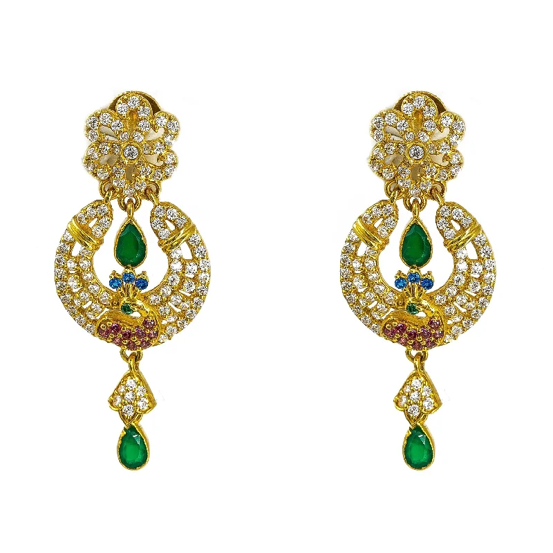 women's earrings silver -22K Yellow Gold Earrings W/ Multi Color CZ & Emeralds on Hanging Peacock Pendant