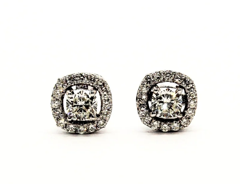 women's earrings boho style -CUSHION-CUT DIAMOND HALO STUD EARRING IN 14K WHITE GOLD (1 CT.TW.)