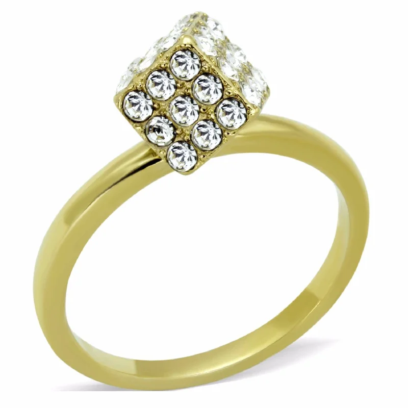 women's rings for everyday wear -Women's Clear Round Crystal Dice Shape Gold IP Stainless Steel Ring