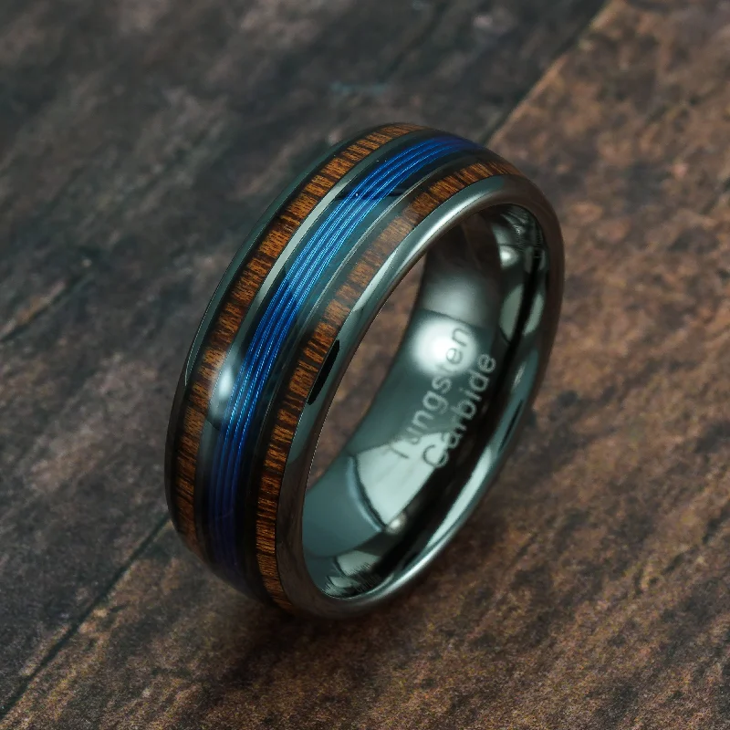 engagement rings with rose gold -100S JEWELRY Engraved Personalized Gunmetal Blue Fishing Line Koa Wood Inlay Tungsten Rings For Men Wedding Promise Band Size 6-16