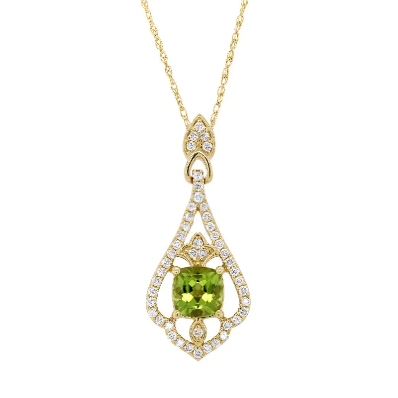 women's necklaces with minimalist pendant -YELLOW GOLD PENDANT NECKLACE WITH OVAL PERIDOT AND ROUND DIAMONDS, .29 CT TW