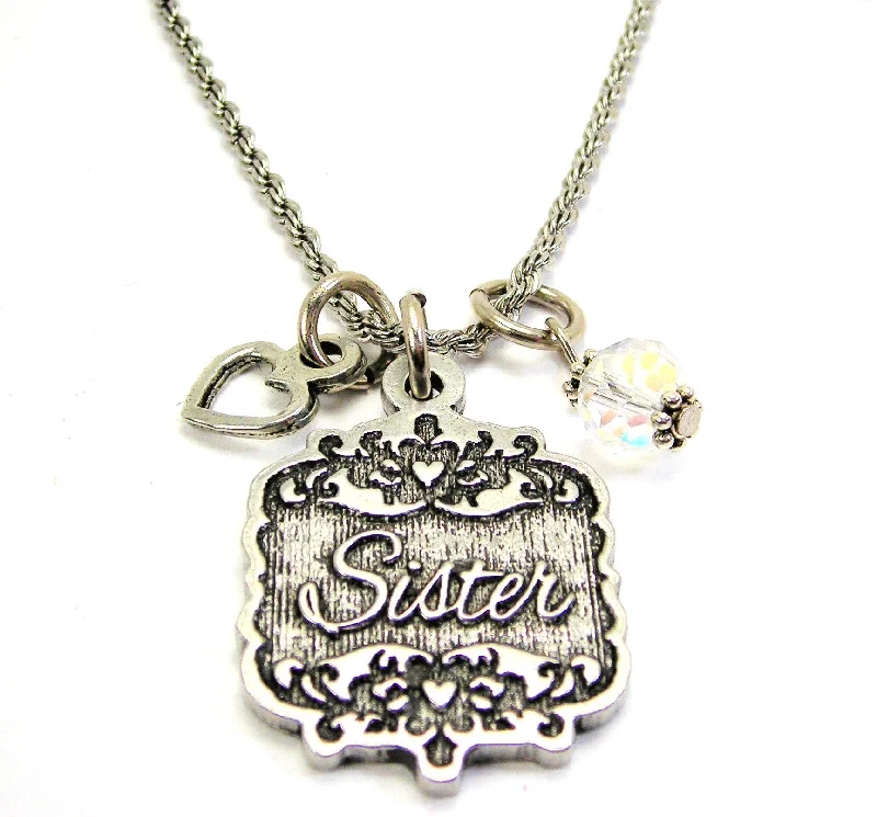 women's necklaces delicate chain link -Sister Victorian Scroll With With Open Heart And Crystal 20" Stainless Steel Rope Necklace