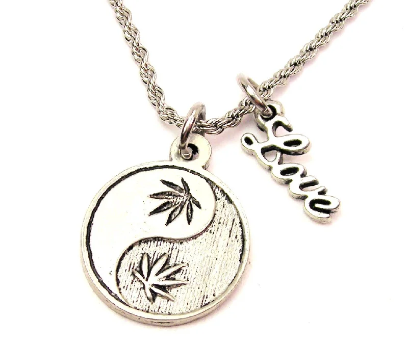 women's necklaces gold -Cannabis Yin Yang 20" Chain Necklace With Cursive Love Accent