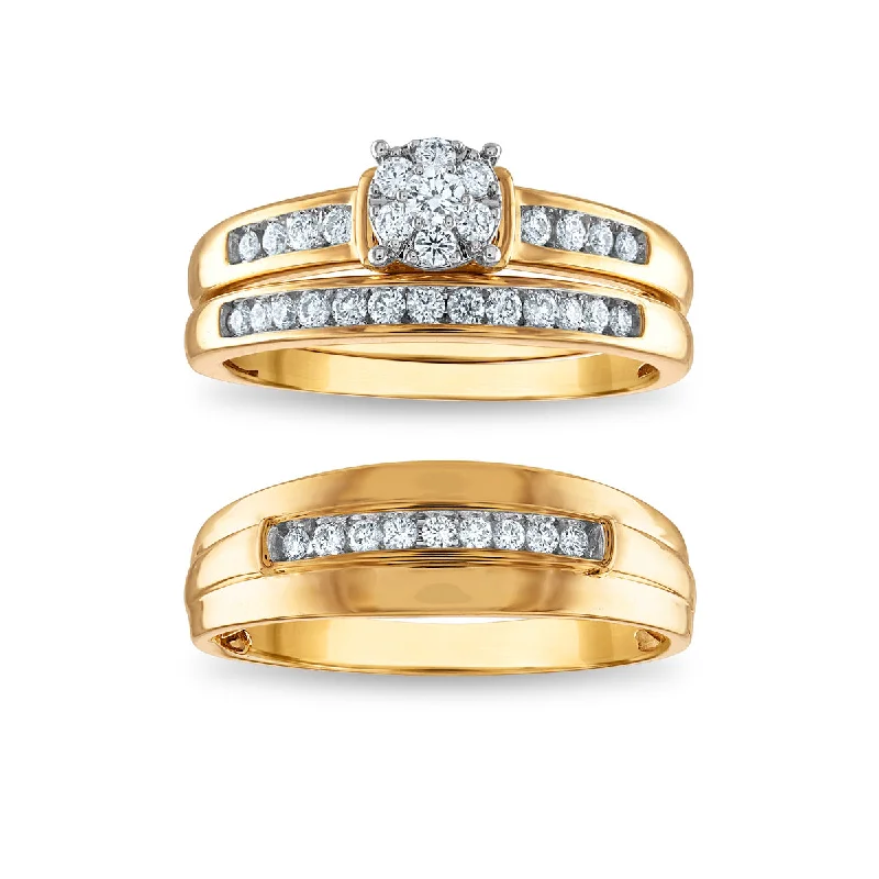 engagement rings with custom band -EcoLove 1/2 CTW Lab Grown Diamond Cluster Classic Collection Wedding Trio Set in 10KT Yellow Gold