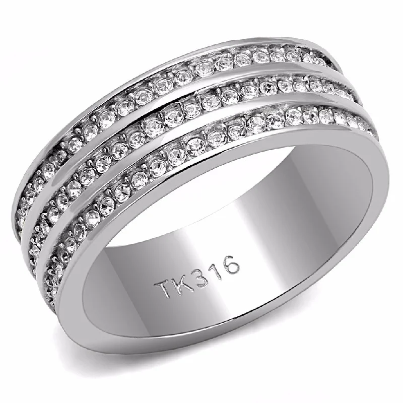 women's rings twisted band -3 Rows Clear Crystal Stainless Steel All Around 7mm Wide Band