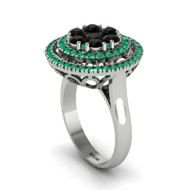 women's rings with princess-cut diamond -Vintage Double Halo Black Diamond Cluster Ring - Nanette No. 24