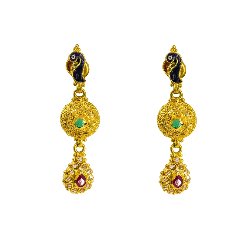 women's earrings for gifting -22K Yellow Gold Drop Earrings W/Meenakari Design, Peacock Accents & Teardrop Pendant