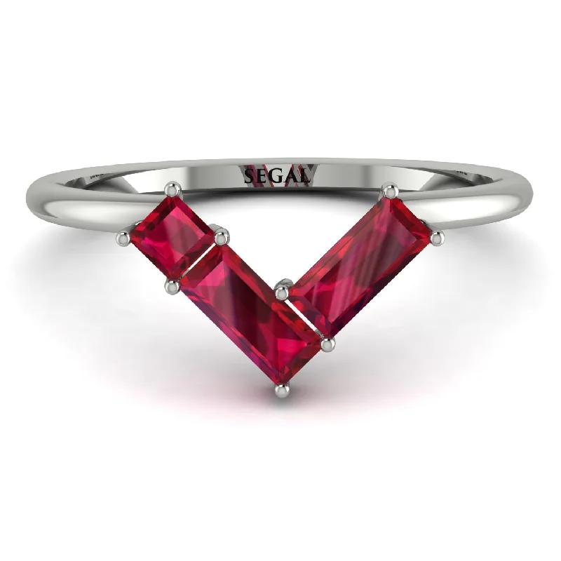 women's rings with diamond sidestones -Emerald Cut Stacking Ruby V Shape Ring - Arabella No. 12