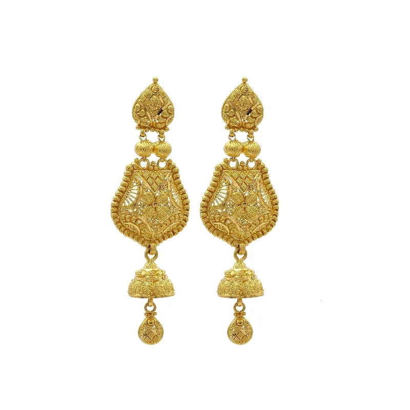 women's earrings with diamonds -22K Yellow Gold Handcrafted Chandelier Jhumki Earrings W/ Ball Accents